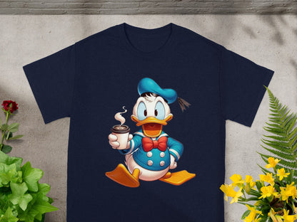 Navy t-shirt with cartoon Donald Duck holding a cup of coffee.