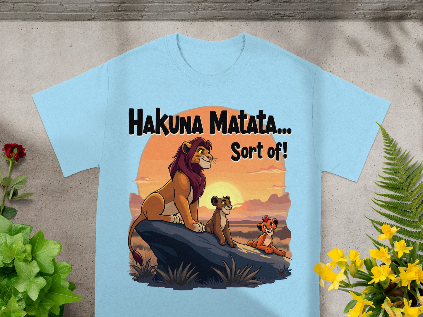 Light blue t-shirt with Lion King characters and "Hakuna Matata... Sort of!" text.