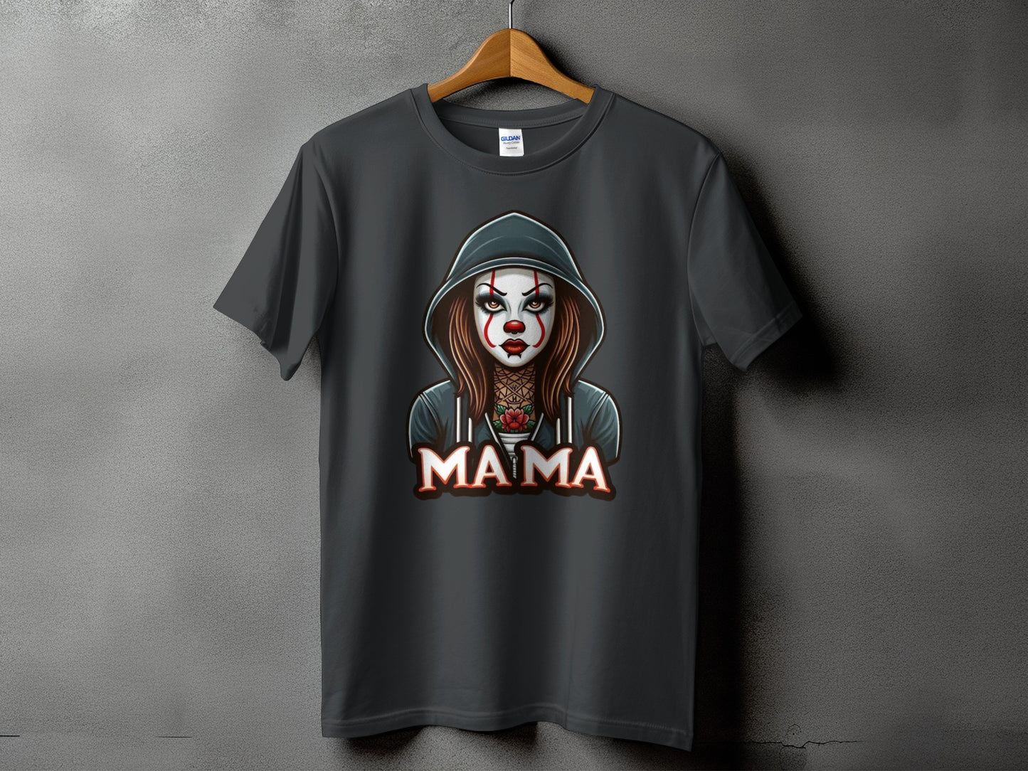 Dark gray t-shirt with a creepy clown graphic and the word "MAMA".