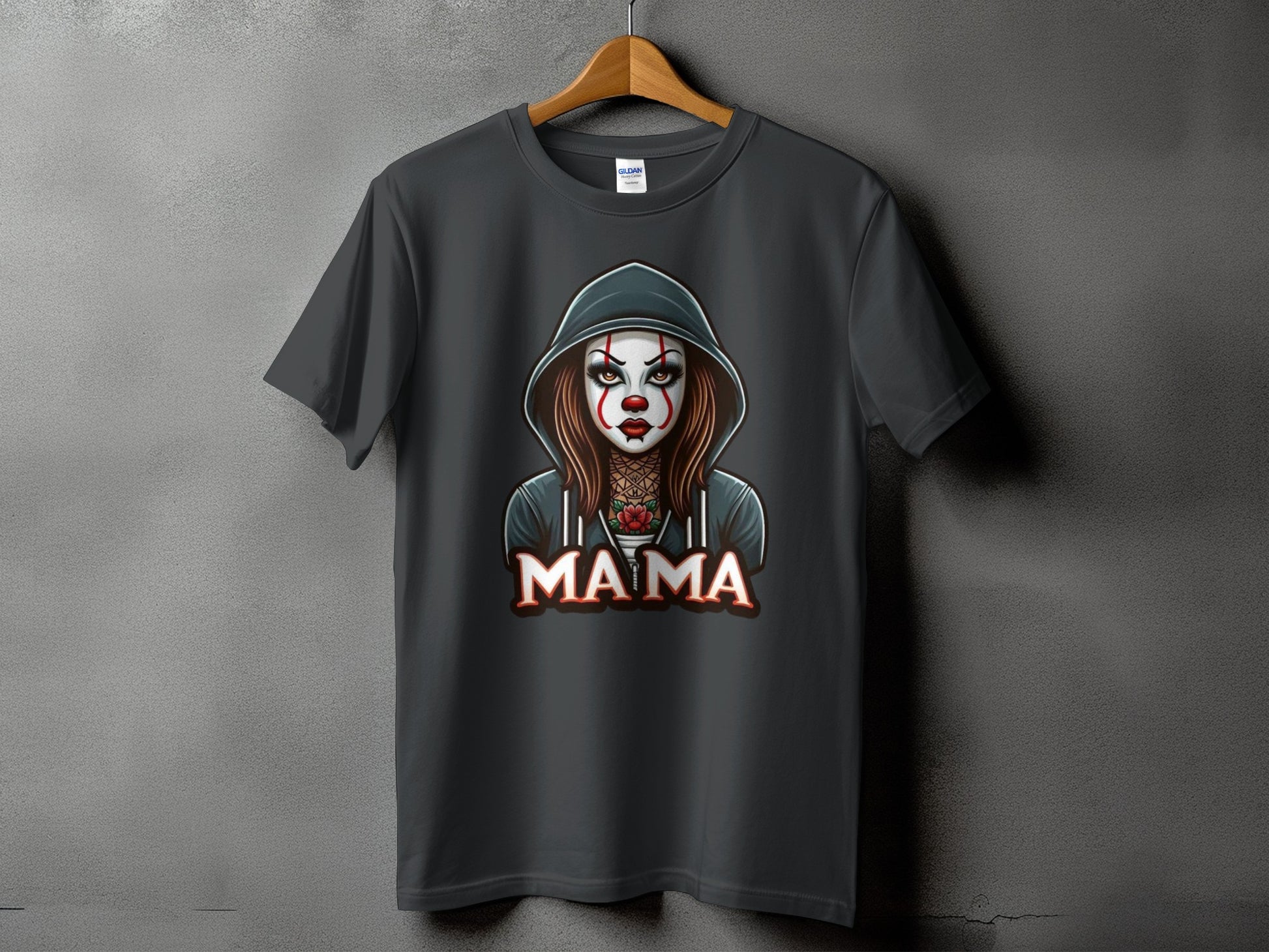 Dark gray t-shirt with a creepy clown graphic and the word "MAMA".