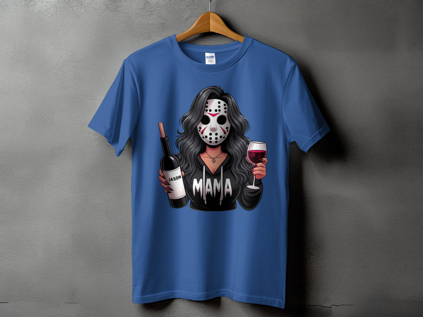 Blue t-shirt with graphic of woman in hockey mask holding wine and bottle.