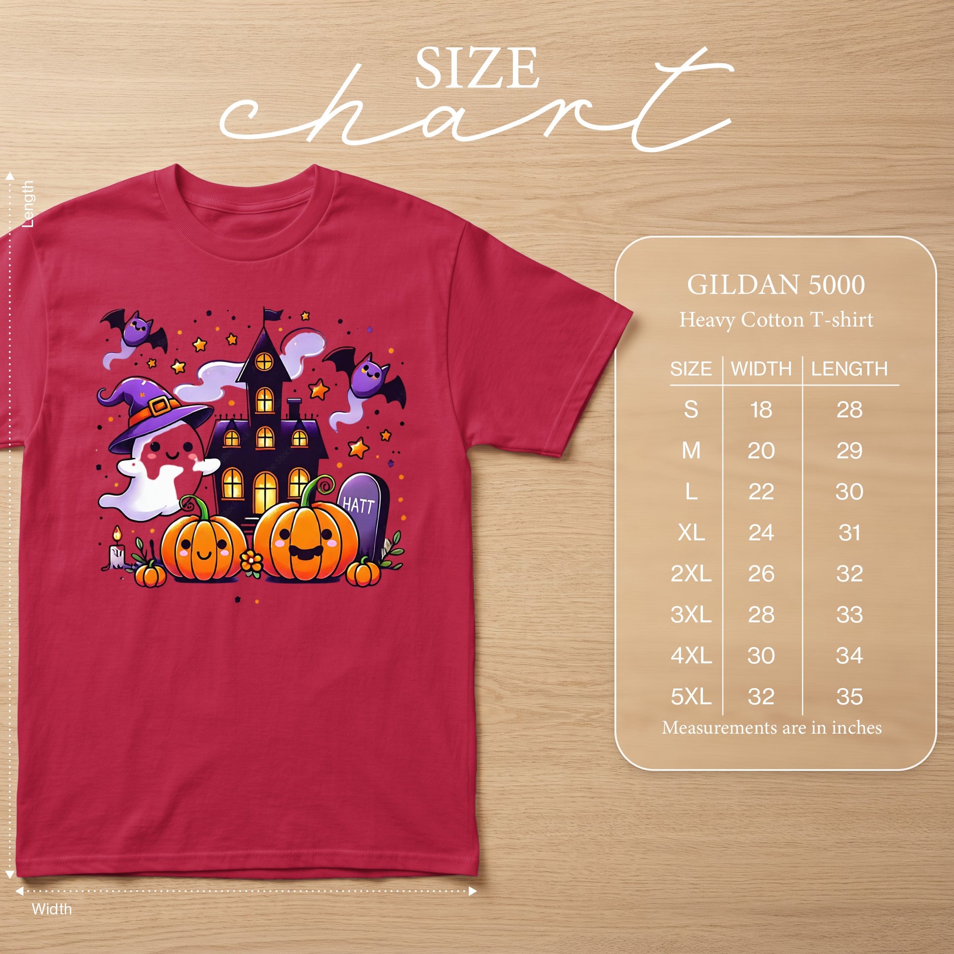Red t-shirt with Halloween graphic, size chart for Gildan 5000 Heavy Cotton T-shirt.