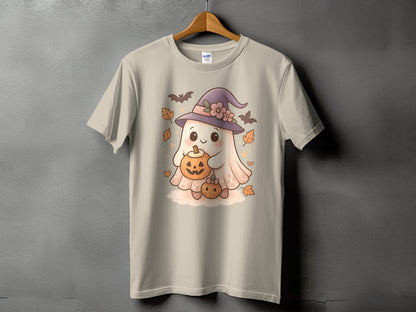 Cute ghost wearing a witch hat holding pumpkins and surrounded by autumn leaves and bats.