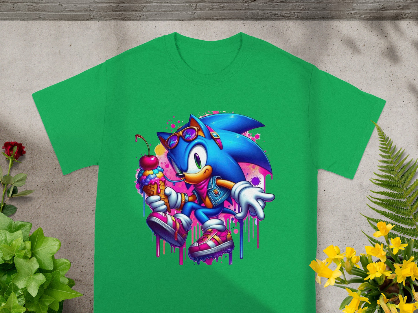 Sonic the Hedgehog wearing sunglasses and holding an ice cream cone.