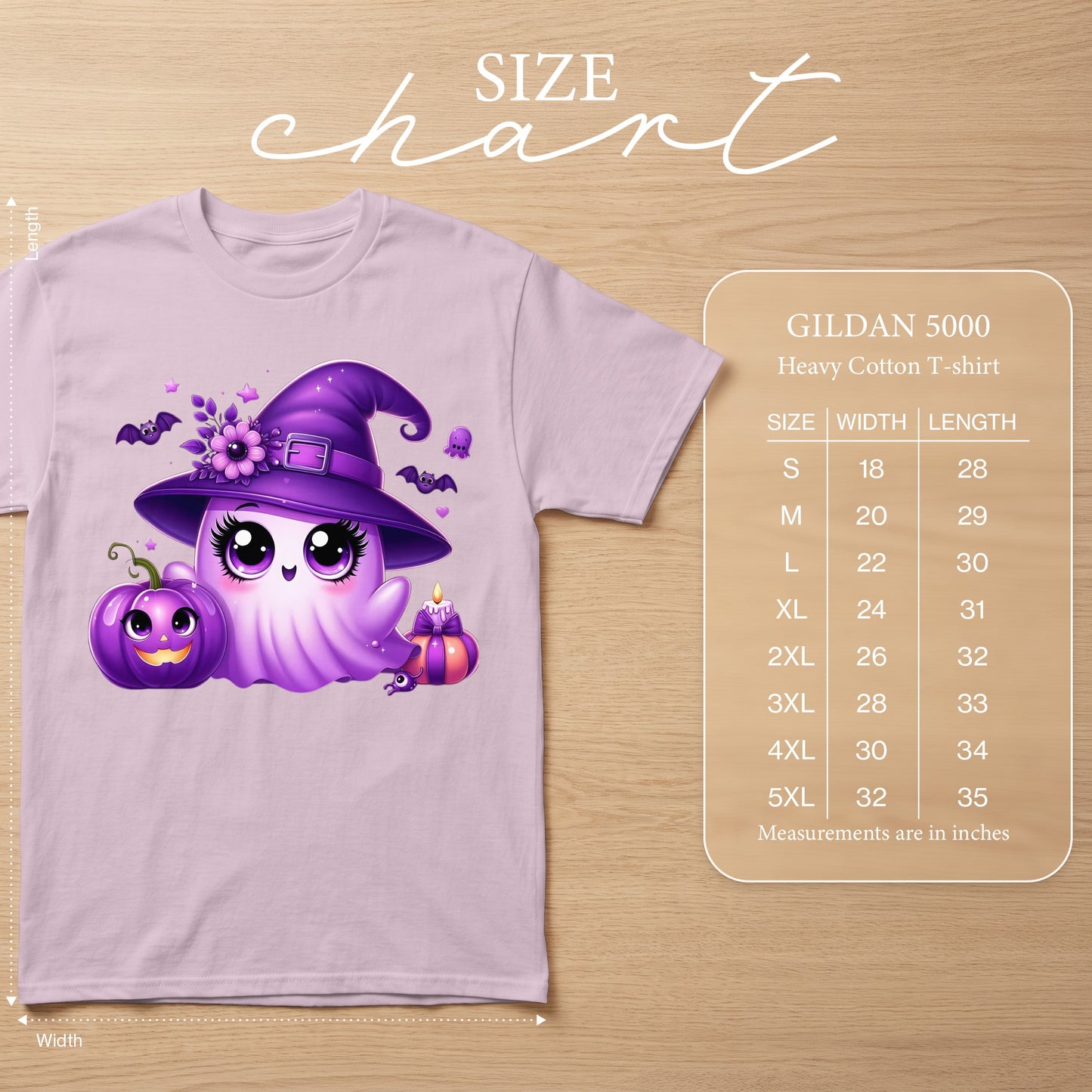 Purple ghost with witch hat and pumpkin graphic on a light lilac Gildan 5000 t-shirt size chart.