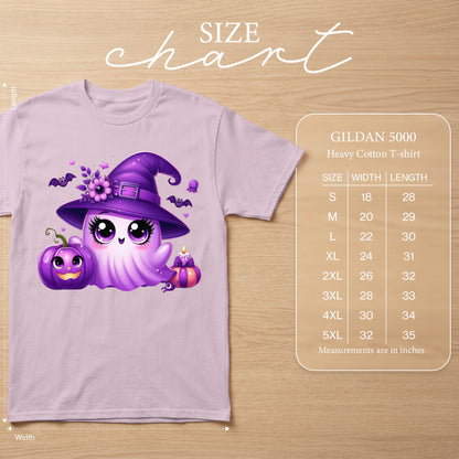 Purple ghost with witch hat and pumpkin graphic on a light lilac Gildan 5000 t-shirt size chart.