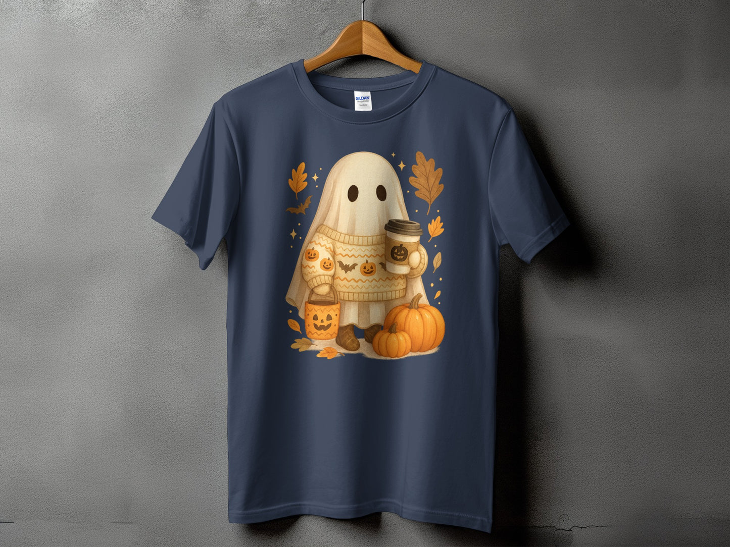 Ghost wearing a sweater with pumpkins, holding coffee and a jack-o-lantern.