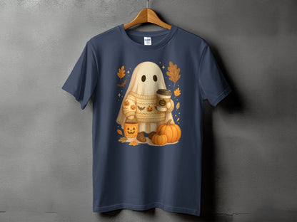 Ghost wearing a sweater with pumpkins, holding coffee and a jack-o-lantern.