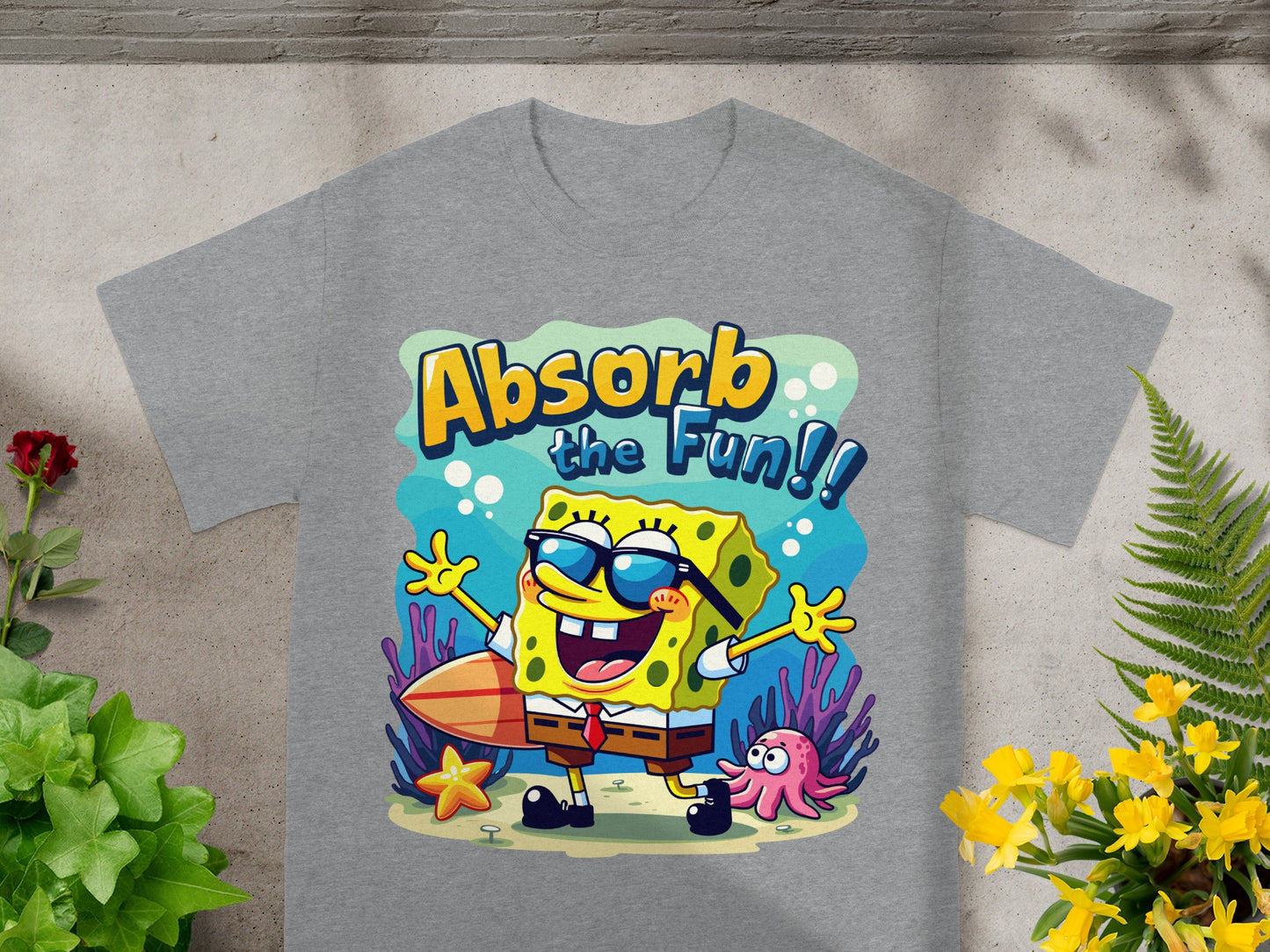 SpongeBob SquarePants with surfboard and octopus says "Absorb the Fun!!"