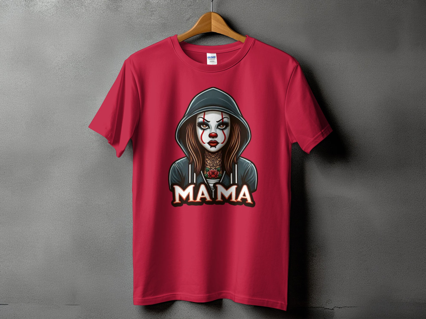 Red t-shirt with a graphic of a clown-faced woman and the word "Mama".
