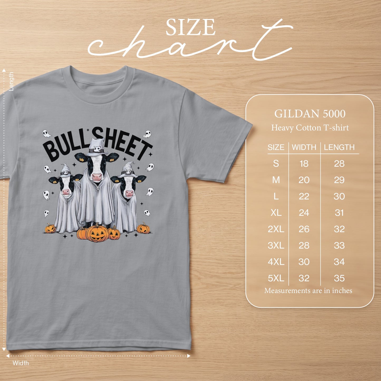 Gray t-shirt with cows in ghost costumes and pumpkins, text "Bull Sheet".