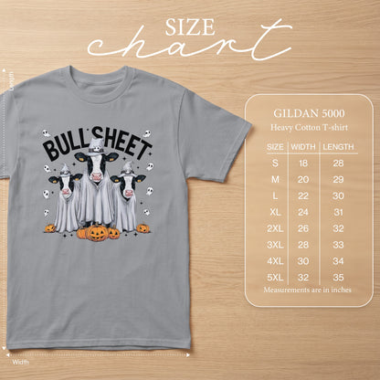 Gray t-shirt with cows in ghost costumes and pumpkins, text "Bull Sheet".