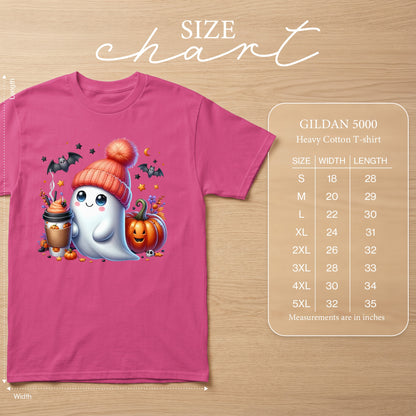 Pink t-shirt with a cute ghost, pumpkin, coffee, and bats Halloween graphic.