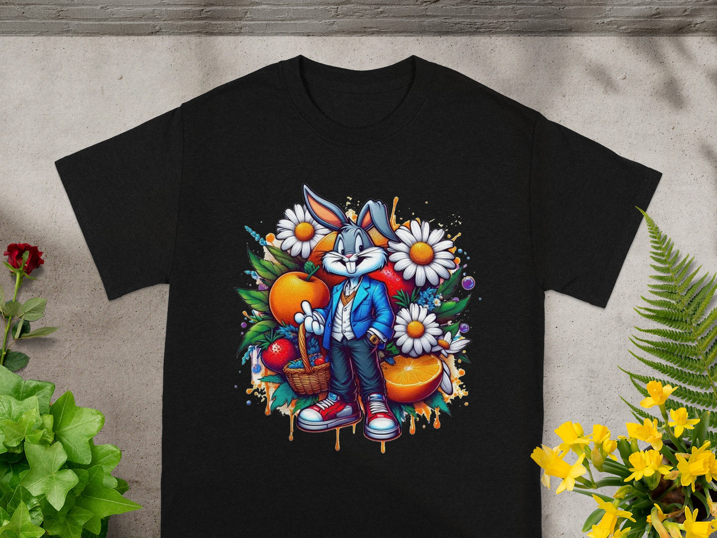 Vibrant Cartoon Rabbit with Flowers and Fruit Shirt