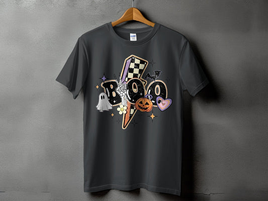 Dark grey t-shirt with a "BOO" Halloween graphic featuring a ghost, pumpkin, bat, and checkered lightning bolt.
