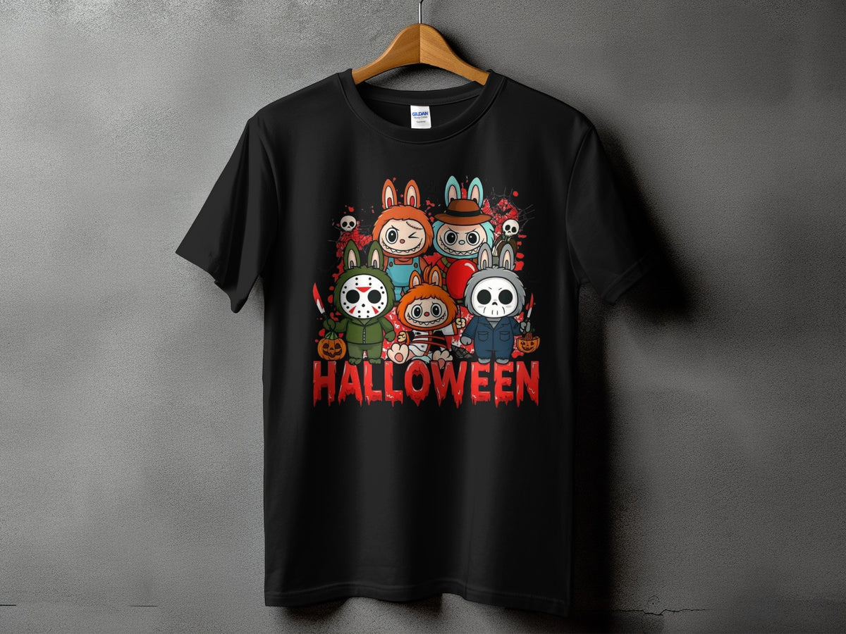Black t-shirt with Halloween graphic featuring costumed cartoon characters and text.