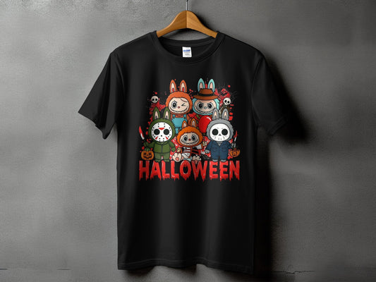 Black t-shirt with Halloween graphic featuring costumed cartoon characters and text.
