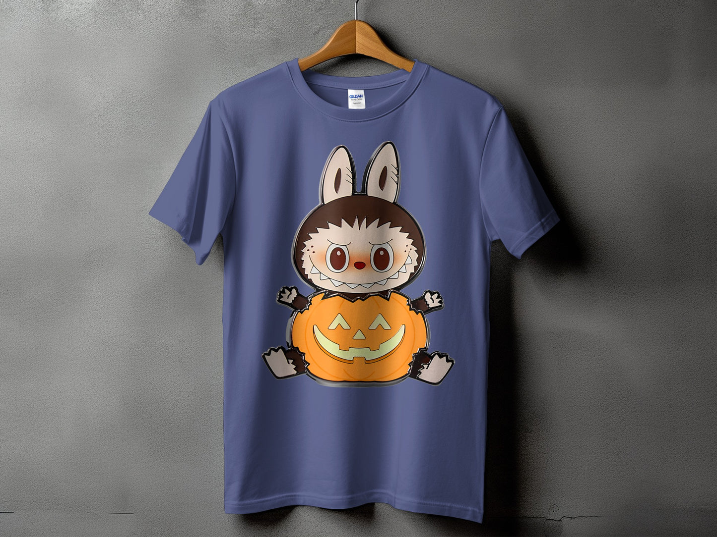 Purple t-shirt featuring a cartoon character sitting inside a jack-o'-lantern.