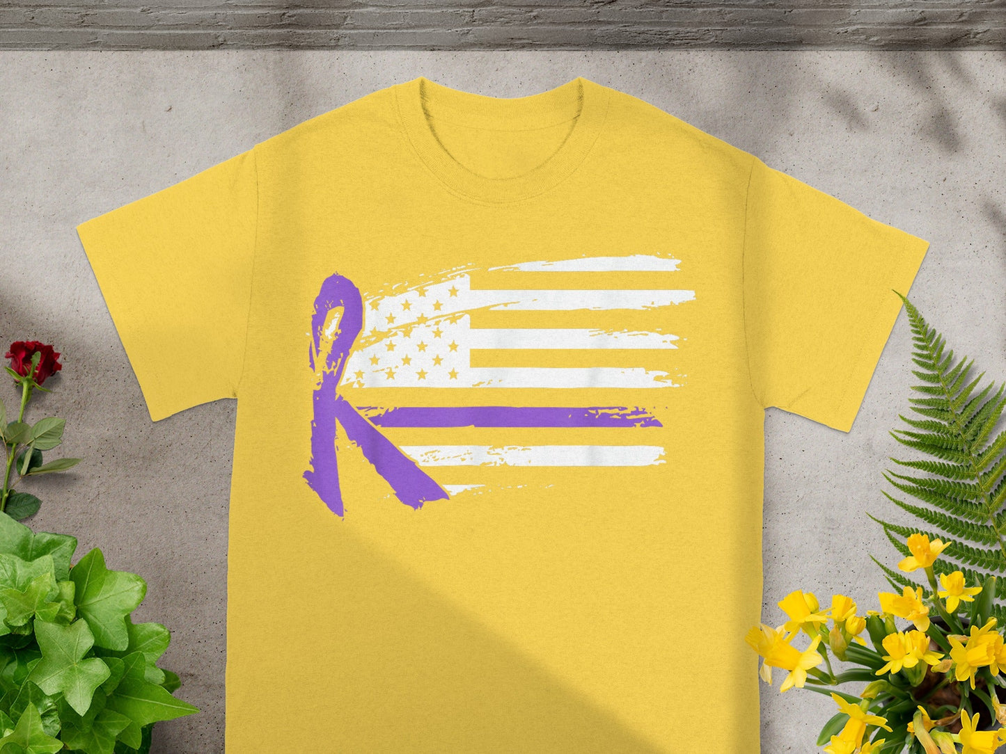 American Flag with Purple Ribbon Graphic T-Shirt