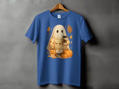 Ghost character in sweater holding coffee, surrounded by pumpkins and autumn leaves.