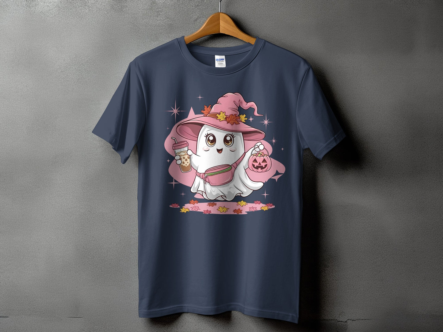 Cute ghost in a witch hat holding a bubble tea and pumpkin bucket.