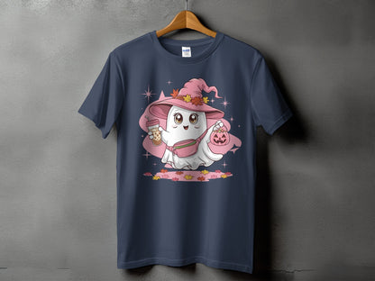 Cute ghost in a witch hat holding a bubble tea and pumpkin bucket.