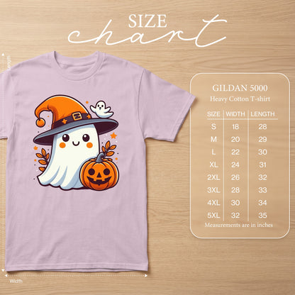 T-shirt with ghost wearing witch hat and holding pumpkin; Gildan 5000 size chart.