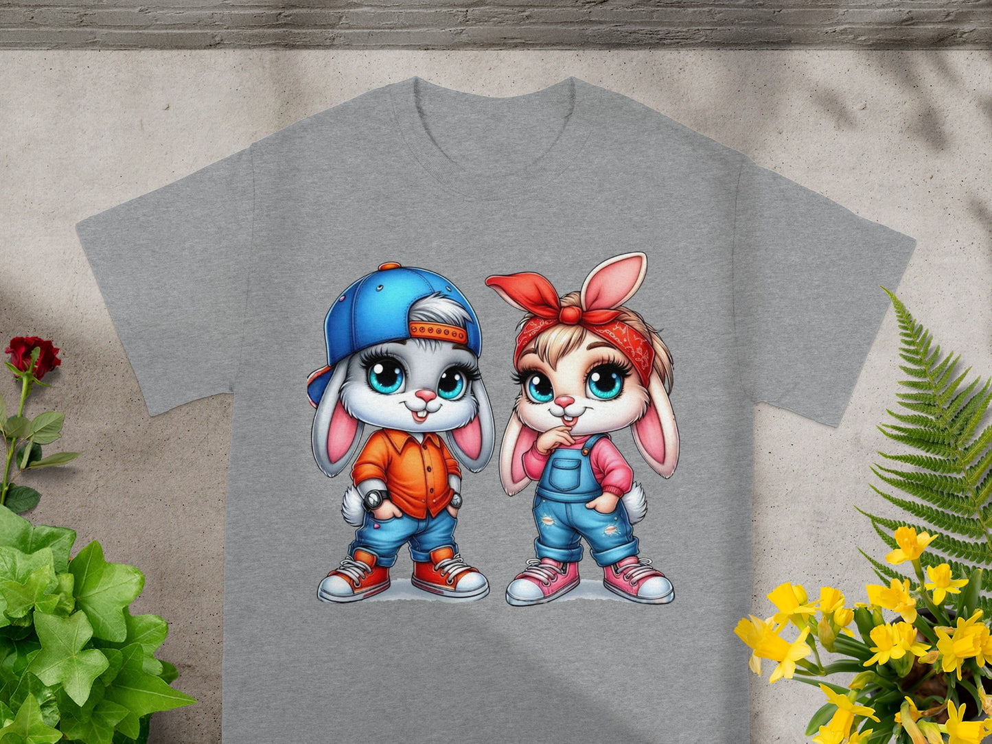 Two cartoon rabbits, one boy, one girl, wearing casual outfits.