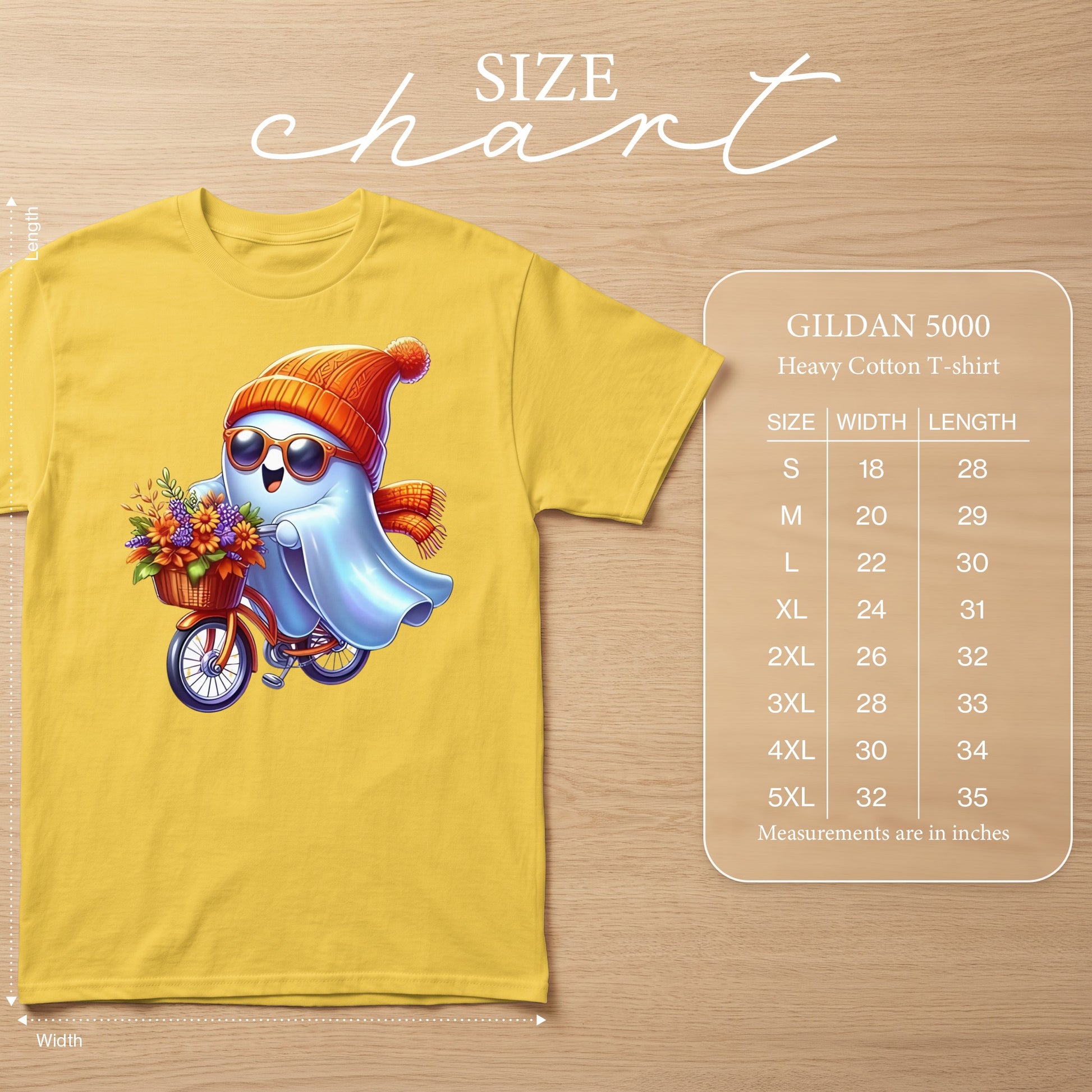 Yellow t-shirt with cute ghost riding a bicycle, GILDAN 5000 size chart.