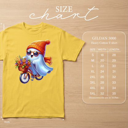 Yellow t-shirt with cute ghost riding a bicycle, GILDAN 5000 size chart.