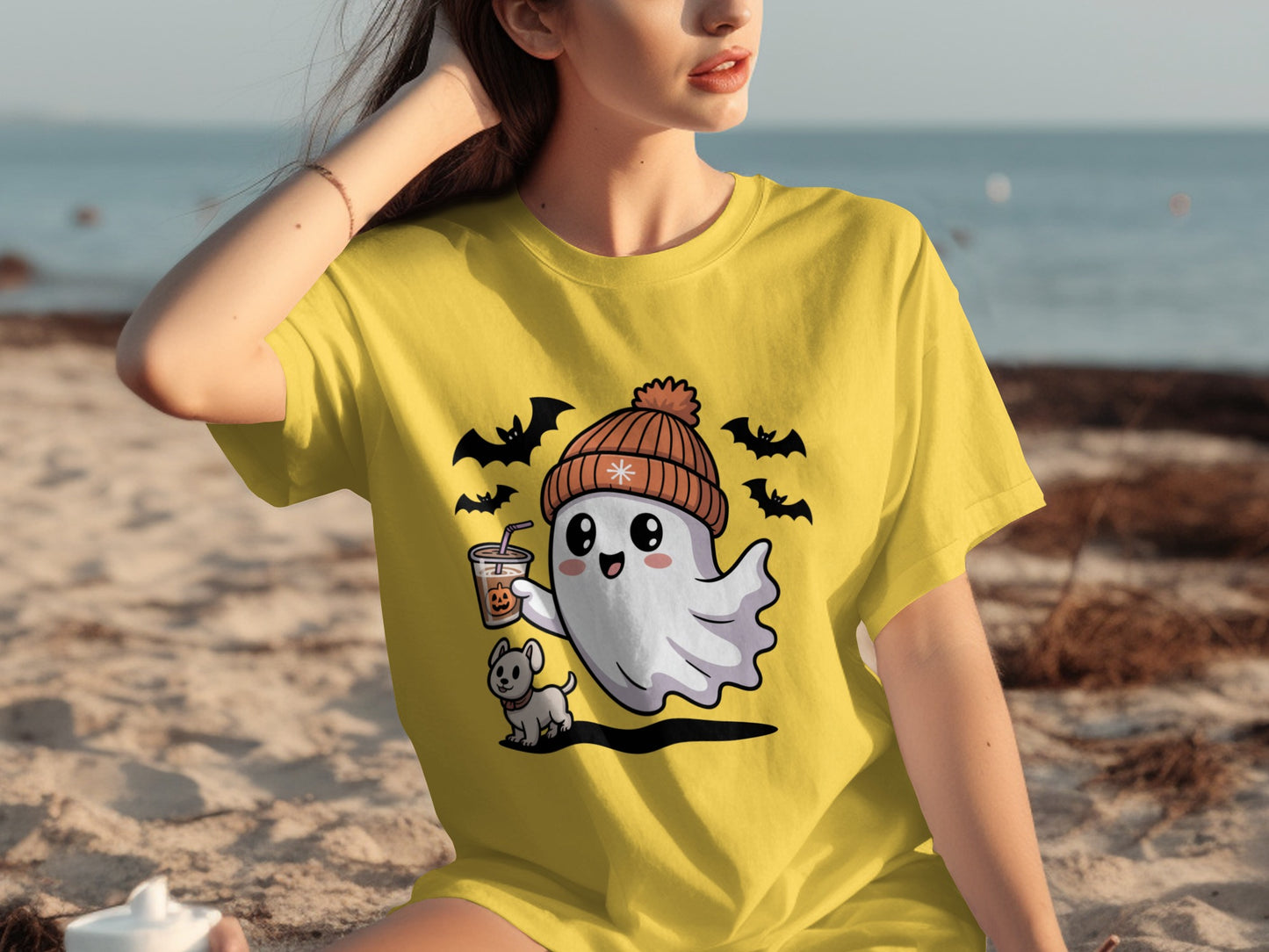 Spooky Ghost with Pumpkin Drink and Cute Dog T-shirt