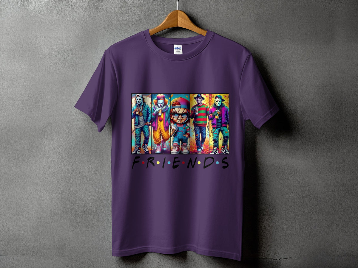 Purple t-shirt with horror movie characters and "FRIENDS" text.