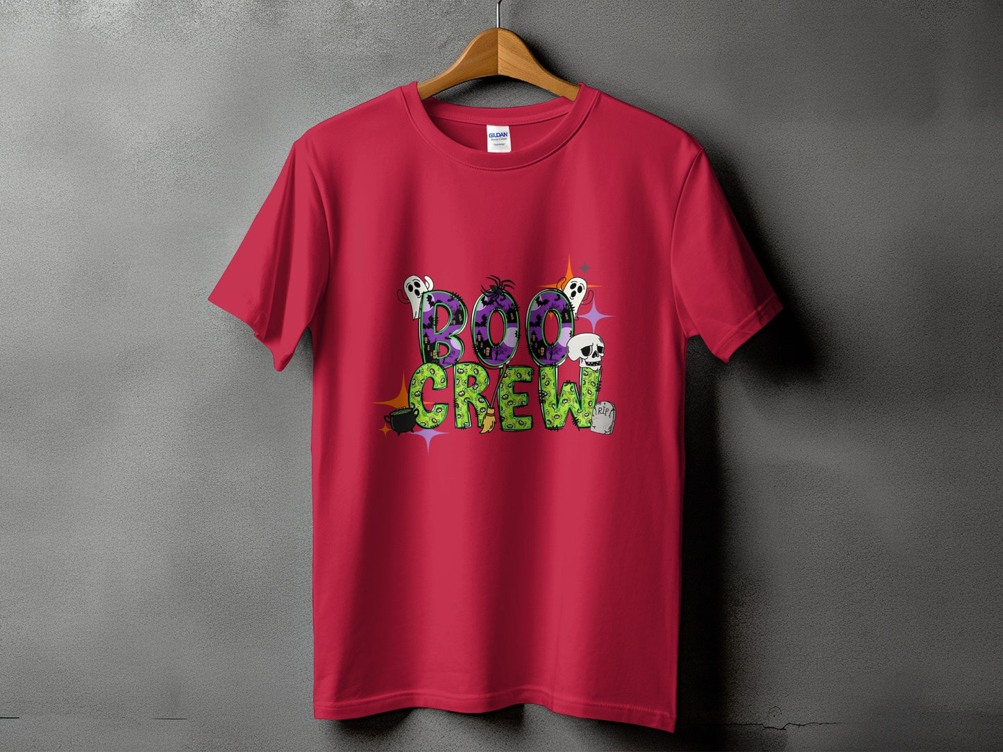 Red t-shirt with "Boo Crew" text and Halloween-themed graphics.