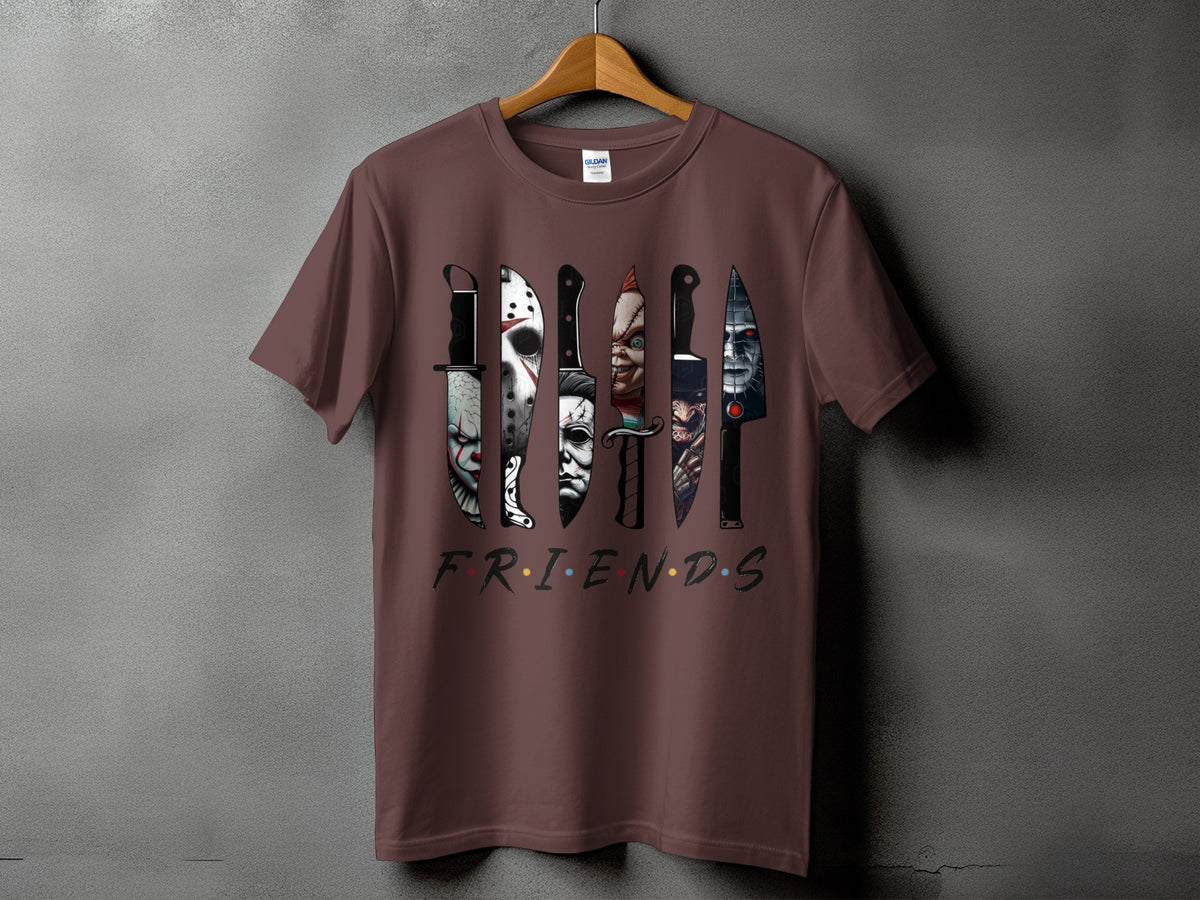 Brown t-shirt featuring horror movie villains as knife blades and the word Friends.