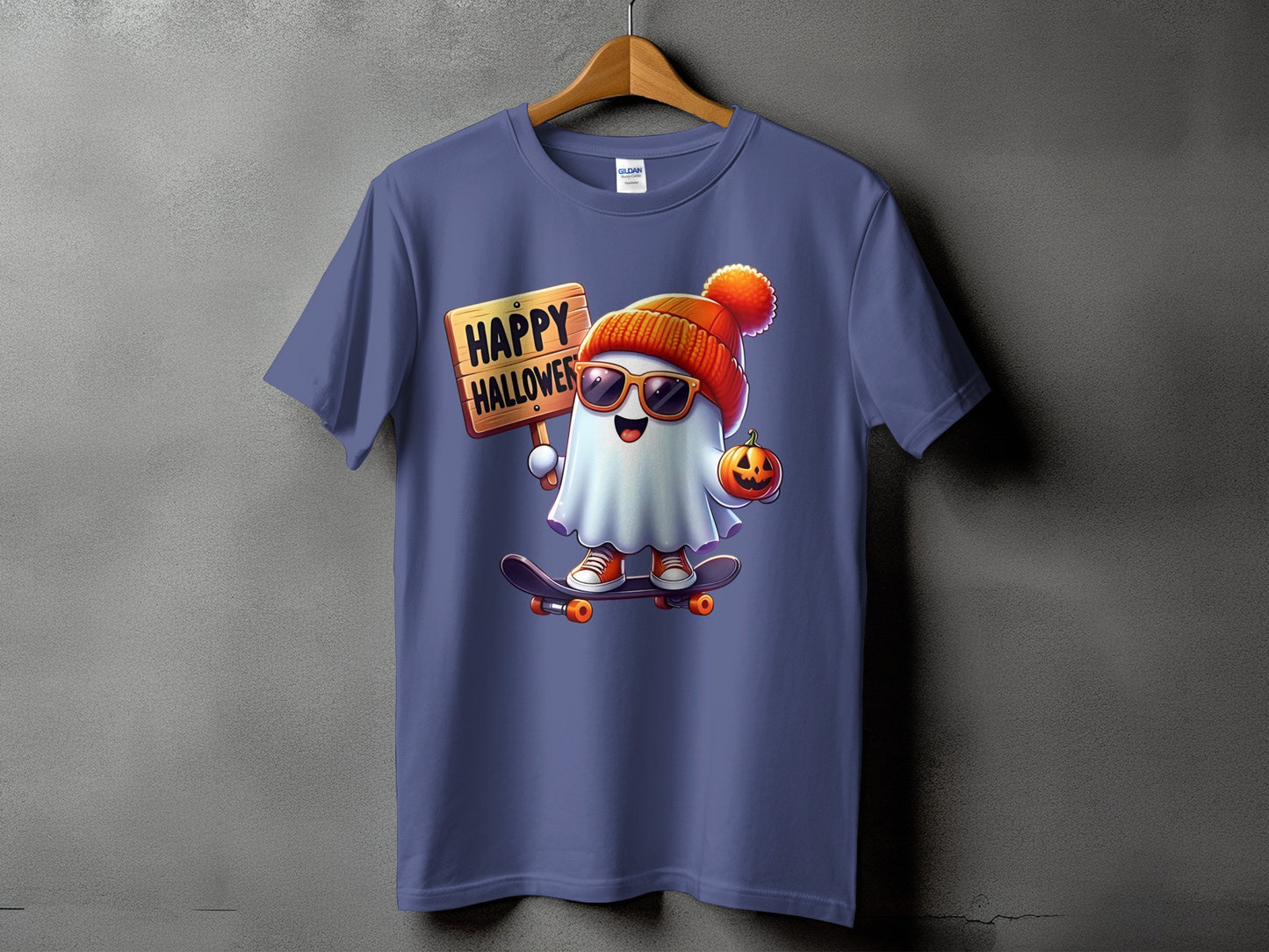Ghost character on skateboard with "Happy Halloween" sign and pumpkin.