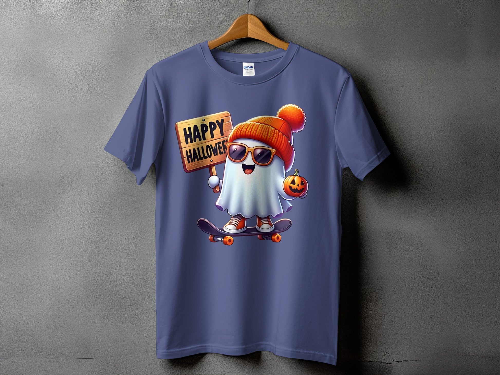 Ghost character on skateboard with "Happy Halloween" sign and pumpkin.