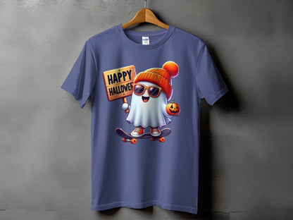 Ghost character on skateboard with "Happy Halloween" sign and pumpkin.