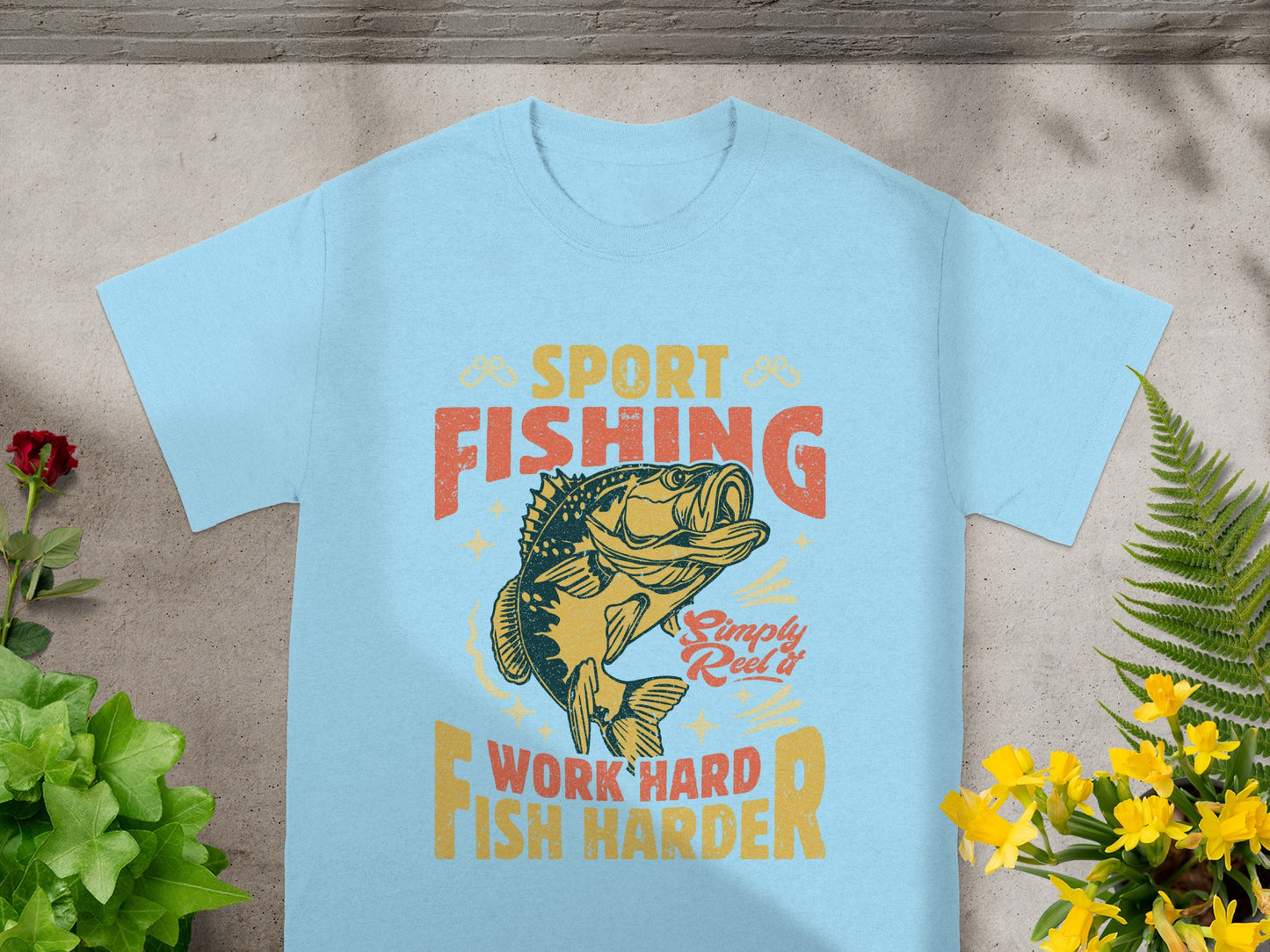 Light blue t-shirt with "Sport Fishing" and "Work Hard Fish Harder" graphics.