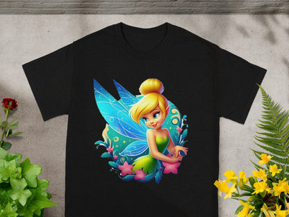 Black t-shirt with Tinkerbell graphic surrounded by floral elements.
