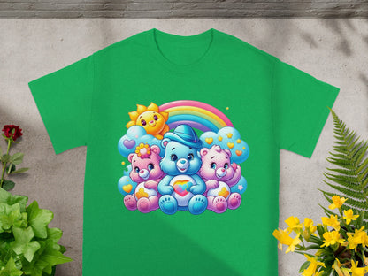 Three Care Bears and a sun character sit together with a rainbow.
