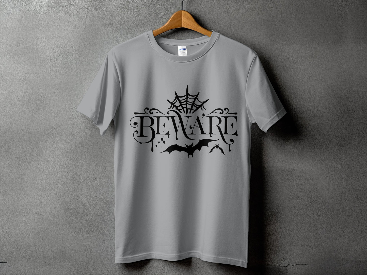 Gray t-shirt with black "BEWARE" text, spiderweb, and bats design.