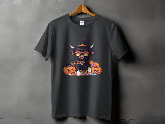 Dark gray t-shirt with Halloween Highland cow graphic, pumpkins, ghosts, and bats.