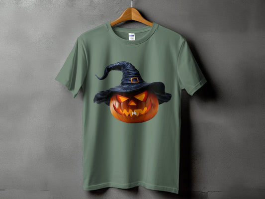 Green t-shirt with a jack-o'-lantern wearing a witch hat graphic.