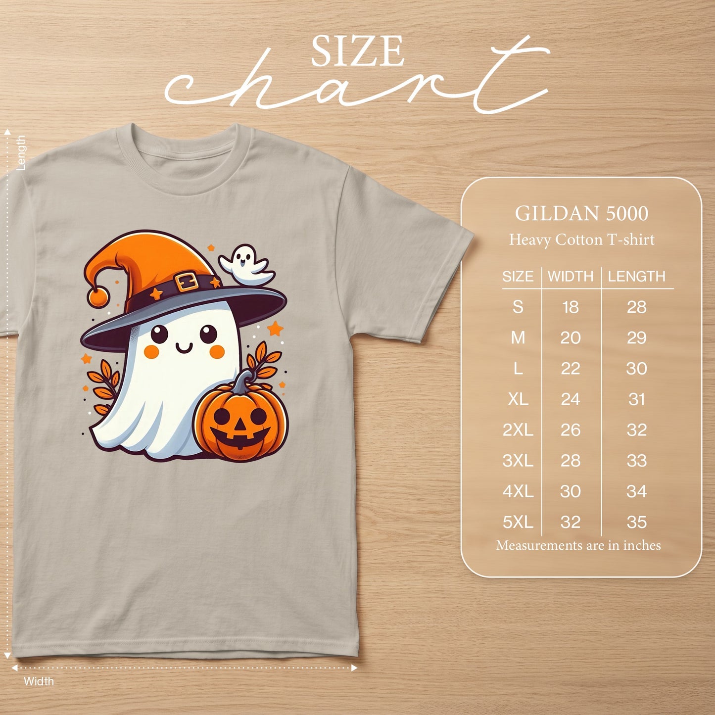 Light grey t-shirt with a cute ghost and pumpkin Halloween graphic and size chart.