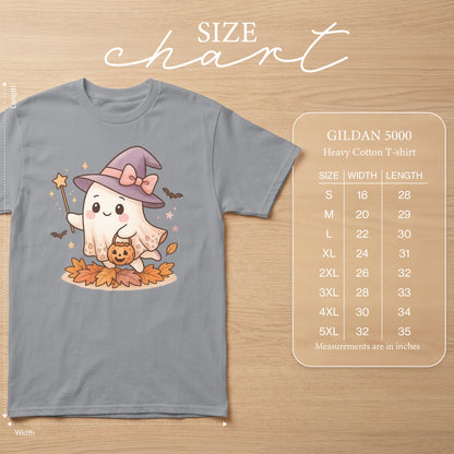 Gray Gildan 5000 t-shirt with a cute ghost graphic and size chart.