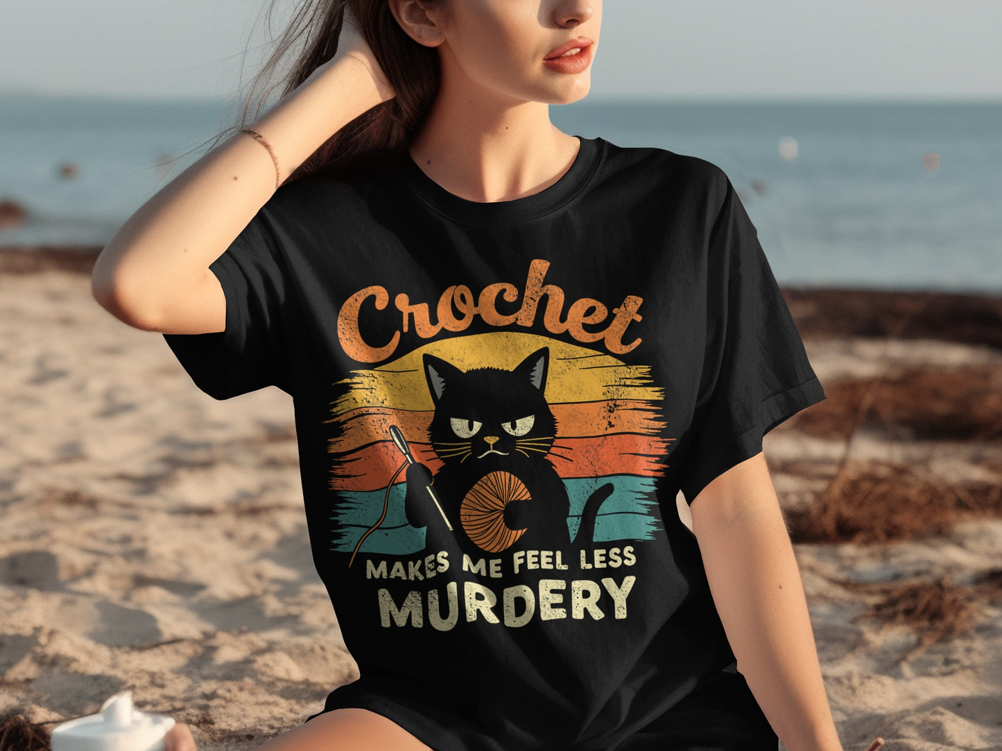 Crochet Makes Me Feel Less Murdrey Funny Cat Shirt