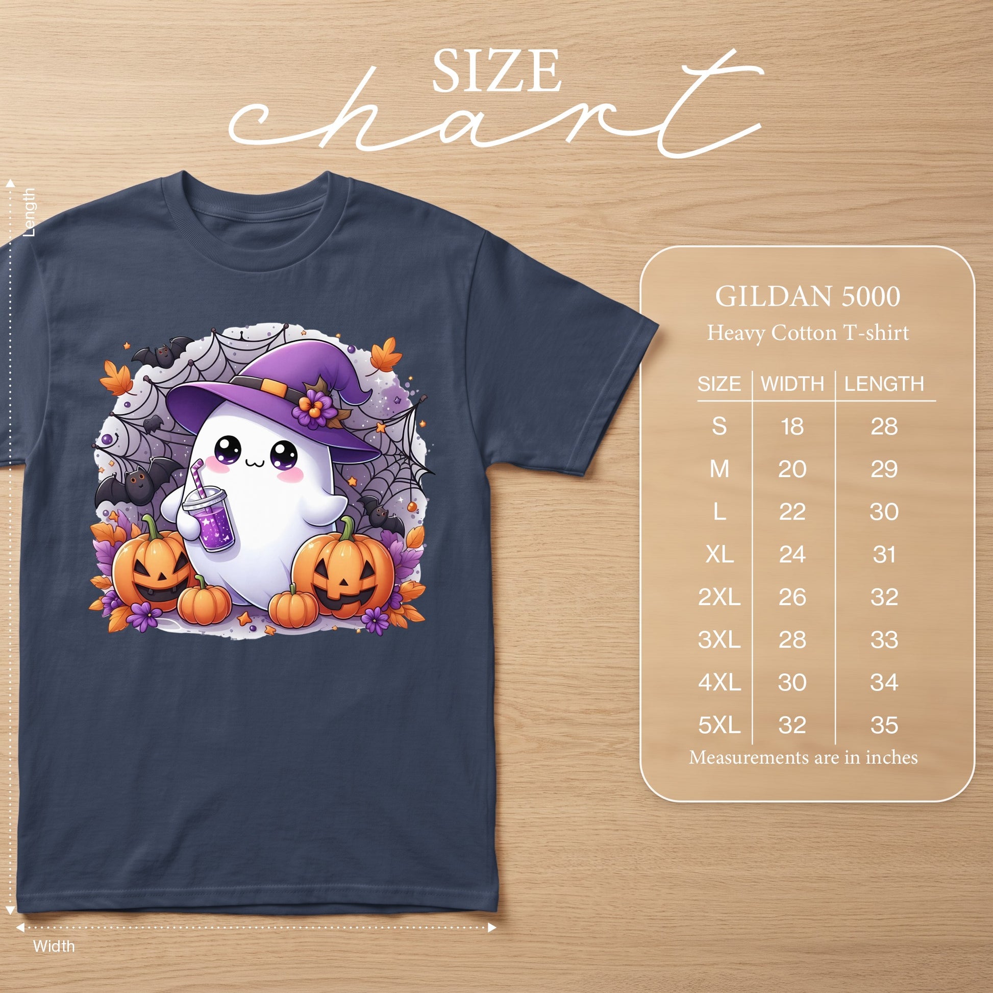 Gildan 5000 size chart with cartoon ghost and pumpkins graphic on a navy t-shirt.