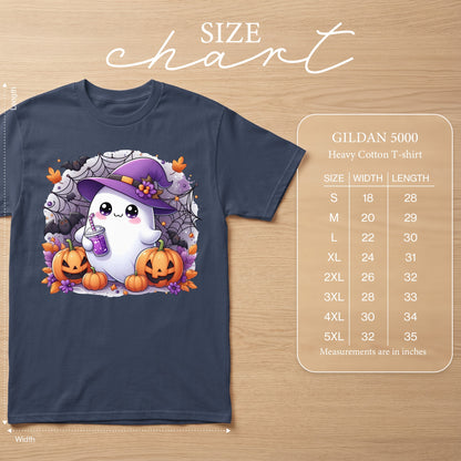 Gildan 5000 size chart with cartoon ghost and pumpkins graphic on a navy t-shirt.