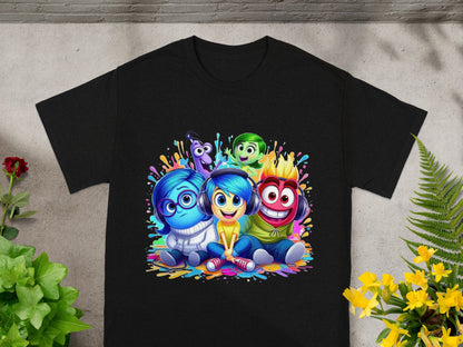 Inside Out characters Joy, Sadness, Fear, Anger, and Disgust smiling on a black t-shirt.