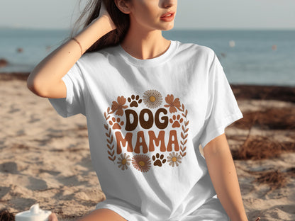 Cute Dog Mama Graphic Tee with Floral and Paw Print Design
